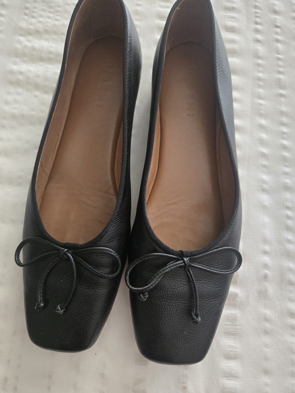 M. Gemi Black Leather Square-Toe Ballet Flats with Bow